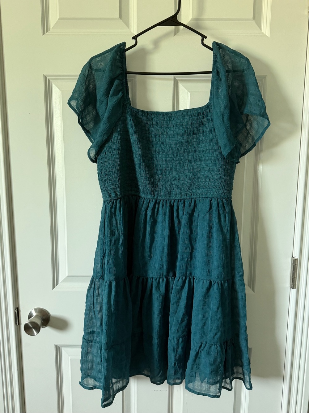 Rewind Teal Puff Sleeve Tiered Mini Dress